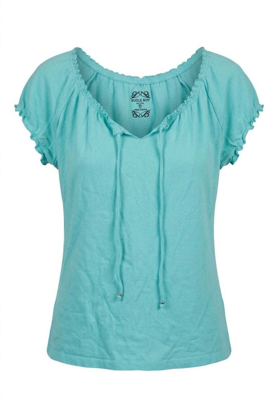 Bugle Boy For Her Plus 1X Teal Ruffle Neck Tie Front Short Sleeve Top #670